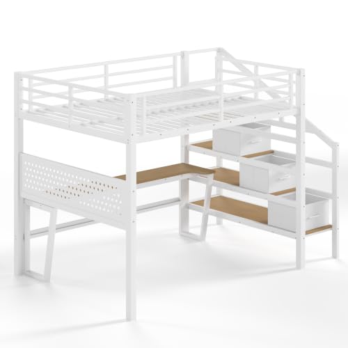 Image of Bellemave Full loft Bed with Movable Desk and Storage Stairs, Shelves, Metal Loft Beds with LED Lights, USB Ports, Multifunctional Iron Nets for Adults, Kids, Teens, White