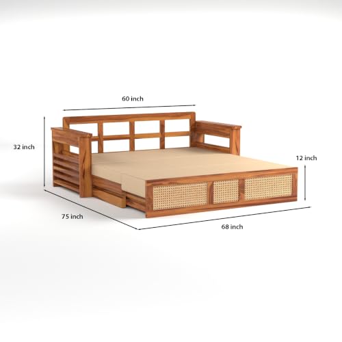 Image of PS DECOR Solid Sheesham Wood 3 Seater Sofa Cums Bed with Cane Panel | Wooden Sofa Bed with Cushioned Seating & Backrest