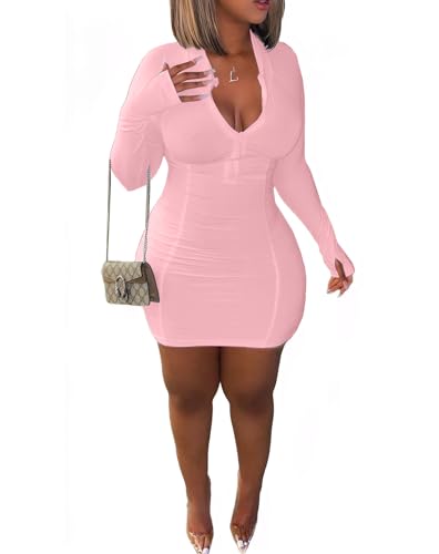Image of Front Zipper Bodycon Dress Party Long-Sleeve Club Dresses