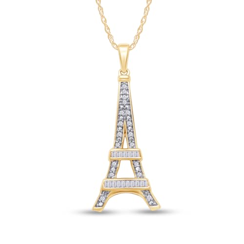 1/6 Ct Eiffel Tower Charm Pendant Necklace in 14K Gold Over Sterling Silver