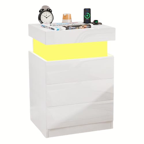 Ysgwsg Comodino con Stazione di Ricarica, Comodino Camera da Letto con LED, 3 Cassetti e Armadietti Scorrevoli Nascosti, Per Arredamento Camera da Letto. (Bianco-1, 67x40x45 cm)