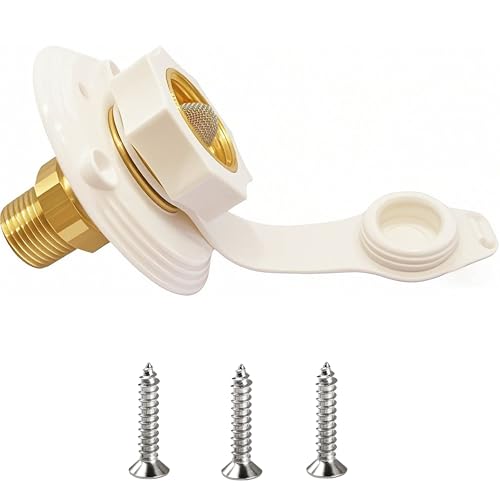 Image of RV City Water Inlet with Brass Check Valve, Fresh Water Fill Flange for Camper Hookup, Durable RV Water Replacement Connection Fittings, White