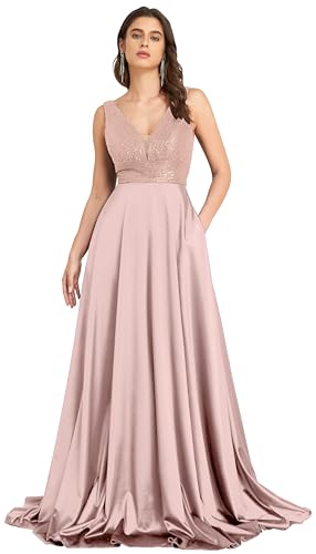 V Neck Sequin Prom Dress Satin Bridesmaid Dresses Long A-Line Formal Evening Gowns with Pockets AF006