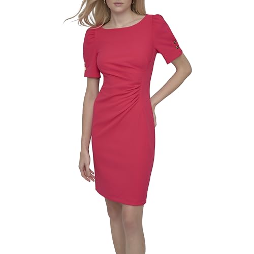 Image of DKNY Women's Short Sleeve Ruched Knee Length Sheath Dress with Button Detail