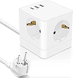 tomacorriente de pared triple 3 enchufes con 2 conectores USB del adaptador de enchufe USB de Gogotool es ideal para la conexión a enchufes de contacto con protección de contacto (4,8 mm). Simplemente conéctalo a cualquier toma de corriente alemana y obtendrás una ampliación a 3 enchufes y 2 enchufes USB. Este producto te permite cumplir más tus requisitos de carga en un solo lugar. El enchufe inalámbrico ahorra espacio y mantiene tus cosas ordenadas.