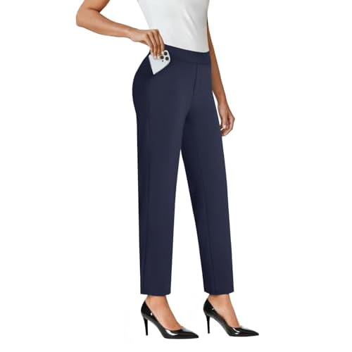 Ankle Dress Pants Women High Waisted Work Travel Pants with Pockets Stretchy Business Casual Slacks Navy Blue X-Large