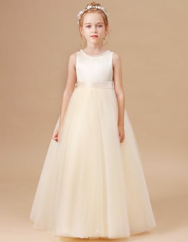 Flower Girls Dress for Wedding Satin Tulle Princess Pageant Dresses Kids Pearls Prom Ball Gowns with Bow-Knot TN0122