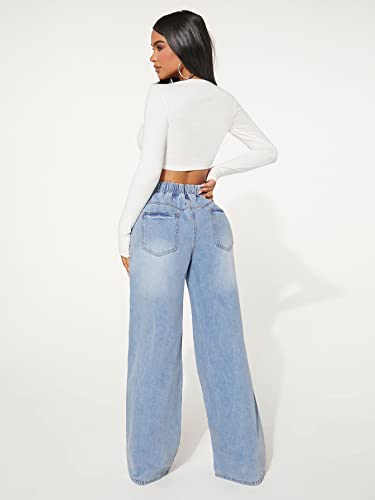 Floerns Women's Drawstring Waist Cut Out Ripper Wide Leg Denim Pants Jeans2
