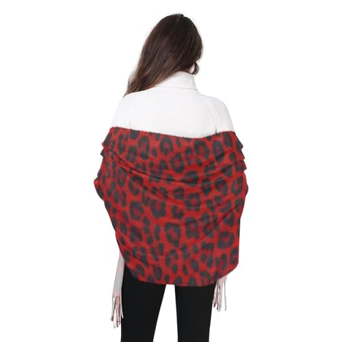 Cashmere Feel Scarf for Women-Red Black Leopard, Warm Soft Single-sided Print, Fashion Pashminas Shawl Wrap Large Size with Tassels4
