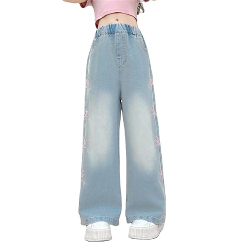 Kids Girls Bow Jeans Baggy Elastic Waist Denim Wide Leg Pants Cute Casual Preppy Y2k Streetwear Trousers with Pockets