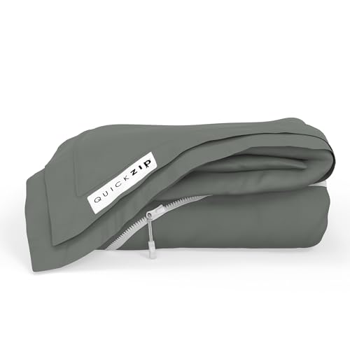 Image of QuickZip Fitted Plus Spare Bundle: 1 Fitted Sheet (Base + Zip Sheet) & 1 Zip Sheet - Easy to Change, Won't Pop Off - Soft Sateen 400 TC 100% Cotton - 15 inch Deep Pockets RV King Size - Slate Gray
