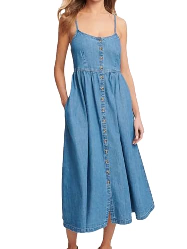 Xadsfeel Denim Midi Dress for Women Sleeveless Spaghetti Strap Scoop Neck Denim Dresses Button Up Flowy A-Line Jean Dress, Blue, Small at Amazon Women's Clothing store