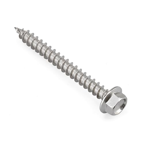 #12 x 2-1/2" Tornillos de cabeza hexagonal con brida para madera de tablero de fibra, acero inoxidable grado 410, resistente al óxido, paquete de 25, incluye punta hexagonal miniatura 7