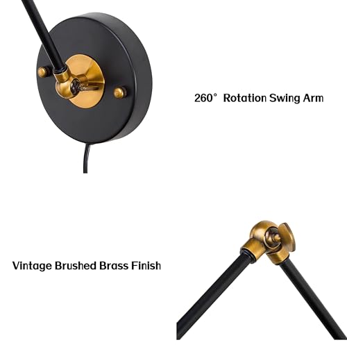Image of LALUZ Black Wall Sconces Lighting, 2 Pack Modern Industrial Swing Arm Plug in or Hardwired Adjustable Wall Lamp with Antique Brass Finish for Bedroom, Kitchen, and Living Room