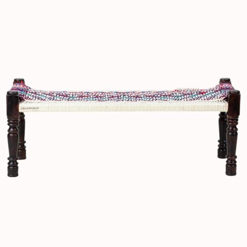 Image of Wooden Bench for Seating | Handcrafted Sheesham Wood Bench for Living Room, Balcony & Garden | Traditional Patio for Outdoor with Cotton Handwoven Rope | White and Multicolor