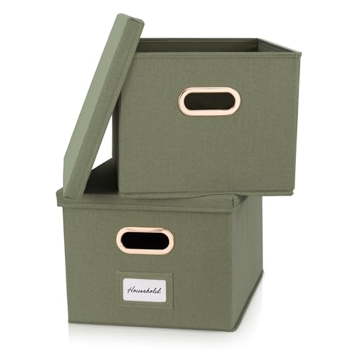 ZICOTO Decorative File Organizer Box Set of 2 – Collapsible Linen Filing Cabinets w/Handles Are Perfect to Store all Your Documents & Hanging File Folders – Portable Easy Slide Crates with Lid