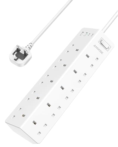 ANVODE 10 Way Extension Lead with USB Slots (2 USB C) White