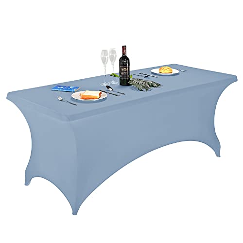 Image of FORLIFE Spandex Table Cover - Fitted 6ft Rectangular Tablecloth, Stretch Patio Table Cover for Wedding, Banquet, Party - Dusty Blue