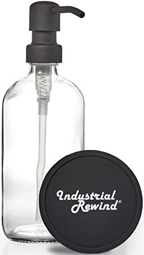 Industrial Rewind Matte Black Soap Dispenser Pump on Clear 16oz Durable Glass Bottle for Kitchen Sink or Restroom Vanity