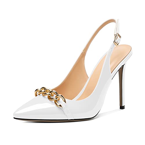 Mettesally Women's High Heels Slingback Pointed Toe Heeled Pumps Ankle Strap Stilettos Metal Chain Dressy Wedding Party Shoes