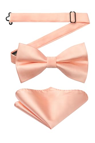 Image of HISDERN Bow Ties for Men Solid Color Pre-Tie Bow Tie and Pocket Square Set Classic Formal Tuxedo Bowties for Wedding Party