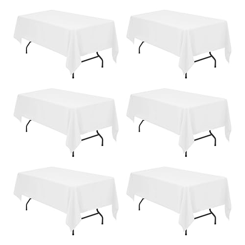 Image of BRILLMAX 6 Pack White Tablecloths 60 x 102 Inch for 6ft Rectangle Tables - 150 GSM Polyester Fabric, 15 inch Standard Drop, Water, Stain & Wrinkle Resistant Cloth Cover for Wedding Banquet Dining Buffet