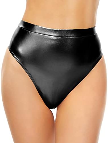 Kepblom Women's Thong Metallic Rave Bottoms Shiny High Waisted Panties for Festival Clubwear Dancing, Black, M