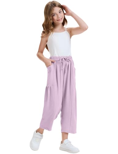 Image of COZYPOIN Girl's Wide Leg Pants Elastic Waist Loose Fit Flowy Casual Beach Palazzo Harem Trousers with Pockets 5-14 Y