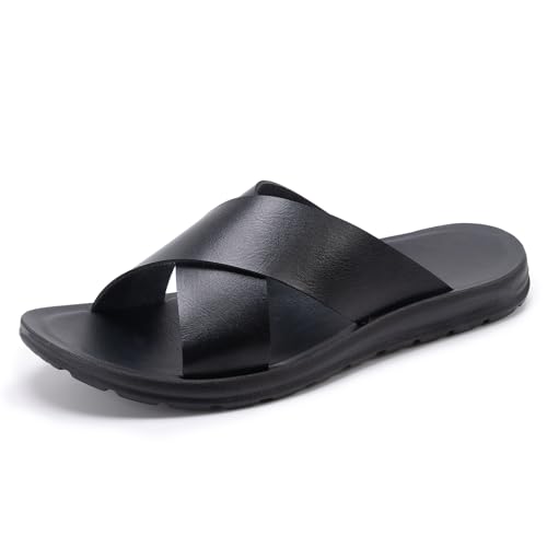 Men's sandals are both casual and fashionable. One-piece slip-on style with crisscross leather straps and flat soles, perfect for beach wear.