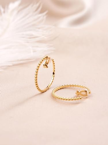 Image of FAN&LOUIS 24K Gold Plated Hoop Clip On Earrings for Women, Gold Beaded Hoop Trendy Hypoallergenic Non Pierced Earrings Painless Lightweight 38mm Clip-On Earrings