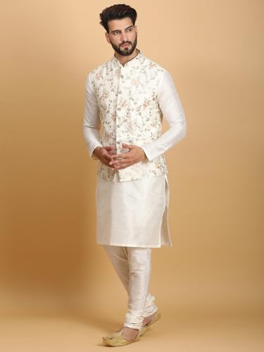 Image of Ethluxis Men Silk Blend Kurta Jacket Set with Mandarin Collar