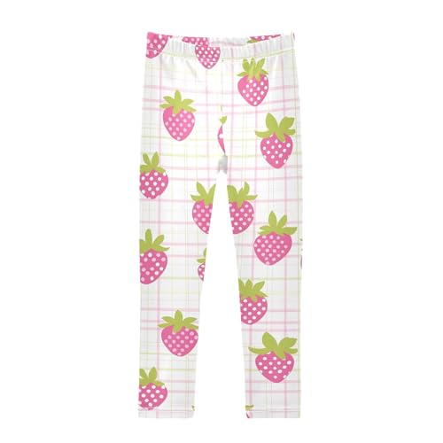 Pink Gingham Strawberries Girls Leggings Soft Stretch Workout Yoga Dance Pants for Kids Casual Tights