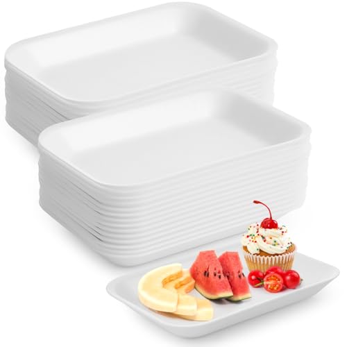 100 Pcs Crafts Foam Trays White Foam Supermarket Disposable Poultry Meat Fruit Trays BBQ Grill Roast Food Plates Rectangle DIY Craft Painting Trays for Printmaking DIY Handicraft (8 x 4.7 x 1 in)