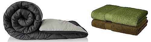 Image of Amazon Brand - Solimo Microfibre Reversible Comforter, Single (Pale Grey & Steel Grey, 200 GSM) 100% Cotton 2 Piece Bath Towel Set, 500 GSM (Sepia Brown and Olive Green)