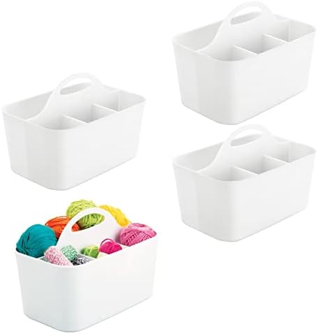 mDesign Plastic Portable Craft Storage Organizer Caddy Tote, Divided Basket Bin with Handle for Crafts, Sewing, Art Supplies - Holds Brushes, Colored Pencils - Lumiere Collection - 4 Pack - White