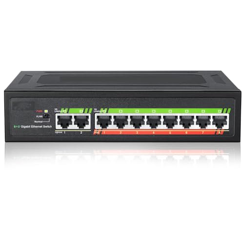DEmbu Conmutador PoE, conmutador de Red Gigabit Ethernet de 10 Puertos (8 Puertos PoE+ con 2 Puertos de Enlace Ascendente adicionales), Compatible con 802.3af/at