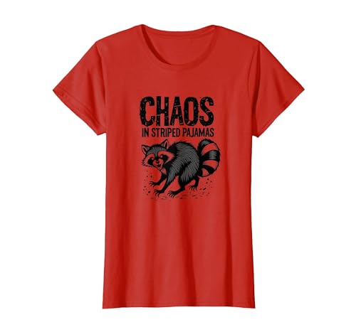 Chaos In Striped Pajamas Feral Raccoon Design T-Shirt, Women, Red, X-Large