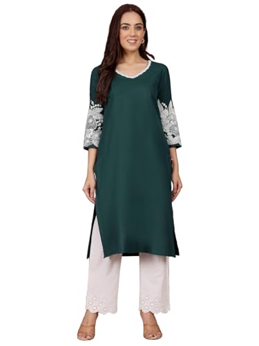 Kurta droit vert XXL Varanga brodé pour femme