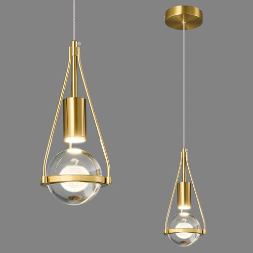 ADCTHOME Gold Dandelion Pendant Light in Brushed Brass Finish, 1-Light Mini Globe Modern Crystal Kitchen Island Pendant Lighting Dimmable LED Hanging Ceiling Light Fixture for Bathroom Bedroom