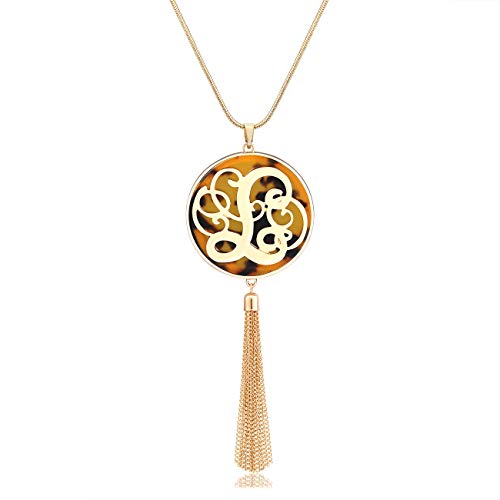 Long Necklaces For Women Monogram Letter Initial Necklaces Statement Tortoiseshell Disk Circle Pendant Necklaces Boho Tassel Y Necklaces (L)