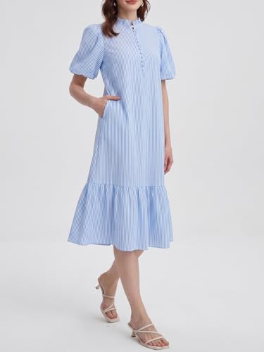 Image of Summer Floral Midi Dress for Women Spring Puff Short Sleeve Button Down Flowy Boho Dresses