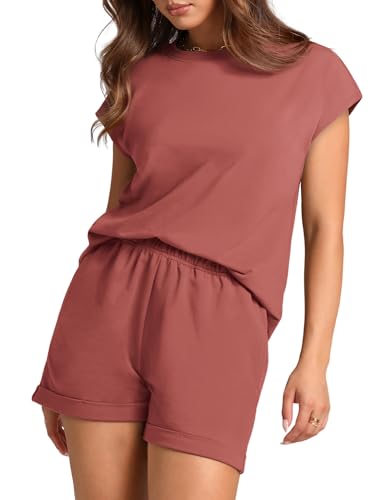 Image of WIHOLL 2 Piece Sets for Women Casual Summer Travel Vacation Outfits Cap Sleeve Shorts Lounge Set
