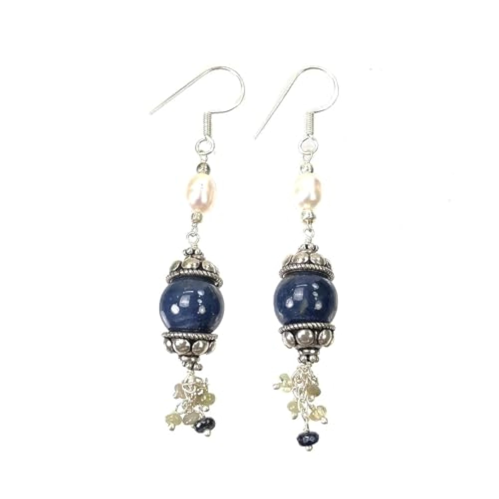 Women's 925 Sterling Silver Drop Dangle Earrings with Natural Blue Sapphire & Pearl