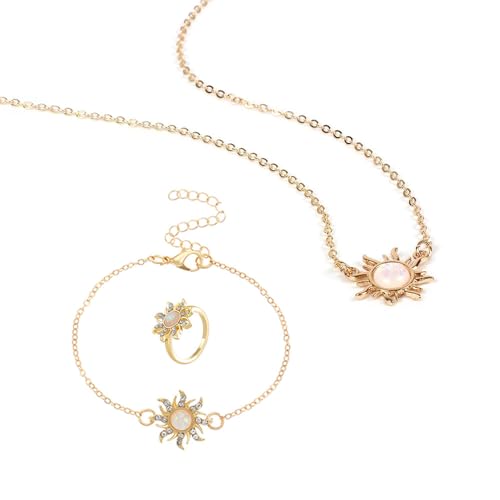 Dopamine Opal Sun Necklace Bracelet with Ring Set Shining Crystal Sunflower Pendant Jewelry Set 3pcs Sun Flower Jewelry