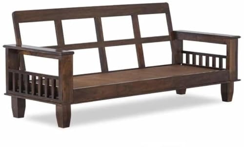 Image of Solid sheesham Wood Standard Sofa 3 Seater Furniture Wooden 3 Seater Sofa with Cushions