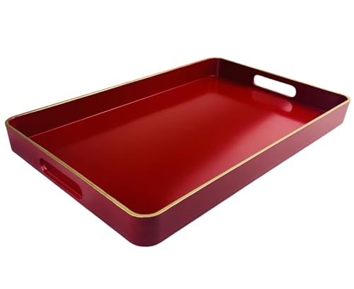UOEKCS Red Decorative Tray, Serving Tray with Handles, Plastic Rectangular Tray for Ottoman, Coffee Table, Bathroom, Living Room. 15.7