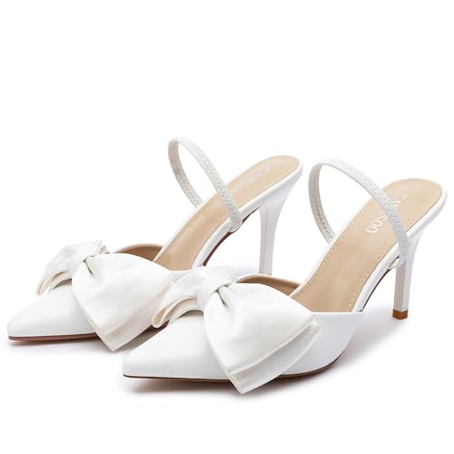 CAMSSOO Slingback Kitten Heels for Women Suede Stiletto High Heeled Mules Bow Pointed Toe Pumps Wedding Party Dress Shoes White Size 9