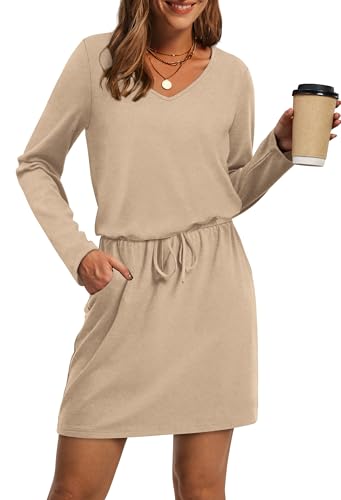 OFEEFAN Fall Dresses for Women 2025 Loose V Neck Tie Front A-Line Long Sleeve T Shirt Casual Dress Beach Fashion Apricot S
