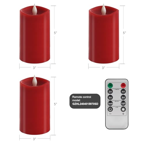 Image of 3x5 Flickering Flameless Candles Set of 3, 2AA Battery Life 600 Hours Battery Candles Flickering with Timer,5 inch Flameless Candles with Remote for Indoor /Outdoor, Red