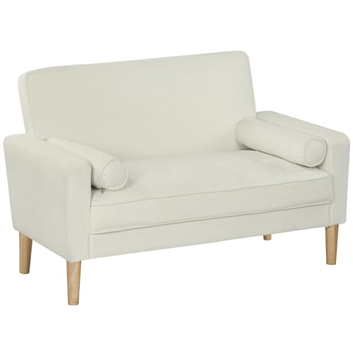 HOMCOM Sofá de 2 Plazas Tapizado en Terciopelo Sofá de Salón de 130 cm con Asiento Capitoné 2 Almohadas y Patas de Madera para Espacios Pequeños Dormitorio Sala de Estar Oficina Crema